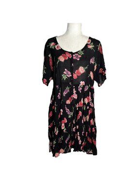 Vintage 90s Starina Floral Babydoll Dress Small Black Rayon Buttons Short Sleeve